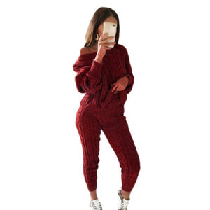 Sweater Set Ladies Warm Knitted Sets O Neck - red-que