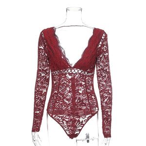 Women Romper Black White Lace Bodysuit - red-que