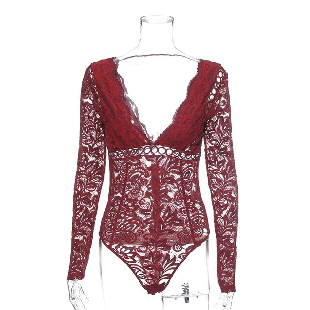 Women Romper Black White Lace Bodysuit - red-que