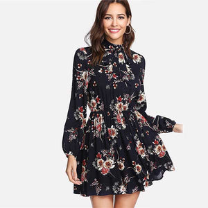 Women Sexy Floral Dresses Elegant Long Sleeve mini dress High Waist A Line Chic Dress Ladies Tie Neck Dress - red-que