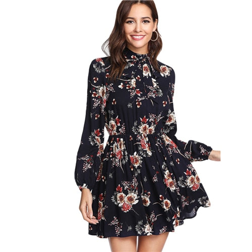 Women Sexy Floral Dresses Elegant Long Sleeve mini dress High Waist A Line Chic Dress Ladies Tie Neck Dress - red-que