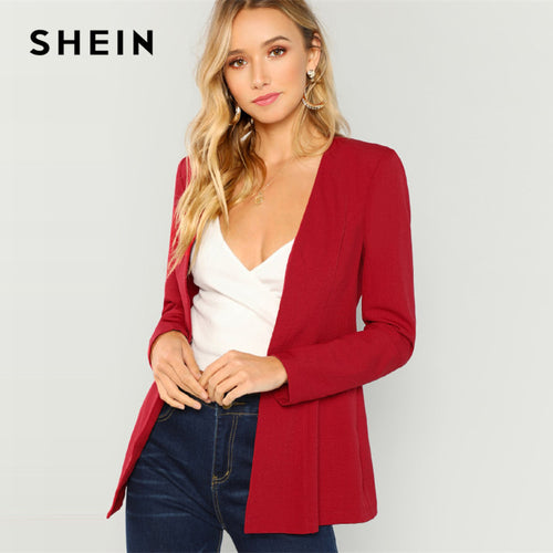 SHEIN Burgundy Pearl Beaded Hook And Eye Blazer Elegant Longline Workwear Coat Women Autumn Long Sleeve Plain Outerwear - red-que