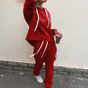 Autumn Tracksuit Long Sleeve Thicken Hooded Sweatshirts 2 Piece - red-que