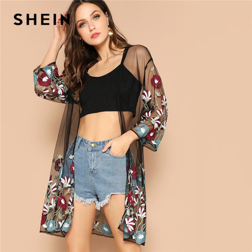 Multicolor Flower Embroidery Mesh Sheer Cardigan - red-que