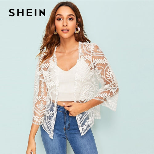 SHEIN Embroidered Longline Kimonos - red-que